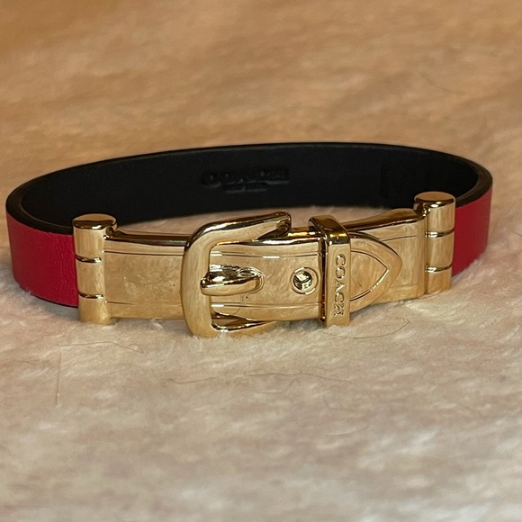 Coach NY Red Gold Tone Buckle Magnetic Cuff Leather Bracelet